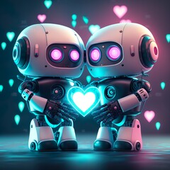 cyberpunk cute couple robot holding a neon heart on valentine's day, robot romantic illustration, 3d