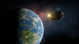 Fototapeta  - Rock asteroid passing close to planet Earth with the sun shining in the background. 3D Illustration