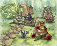 Illustration Of A Mouse And A Hamster In The Garden. High Quality Illustration