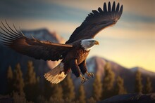 A Bald Eagle Soaring Low To The Ground. Generative AI.