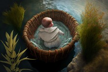Baby Child Moses Sleeping In A Basket Floating On A River. Generative AI.