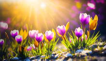 Spring Crocus Flowers In Spring, Beautiful Sun Banner, Illustration Generativ Ai 