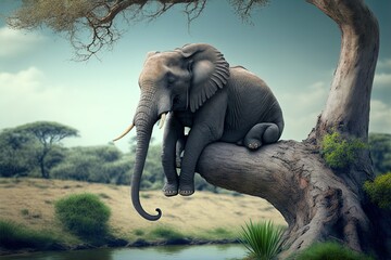 Wall Mural - Lonely elephant sitting on a tree branch. Generative AI.