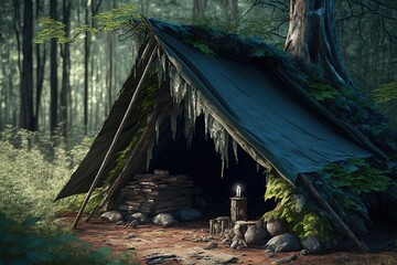Wall Mural - Primitive tarp shelter in the woods. Generative AI.