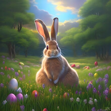 The Easter Bunny Sits In A Beautiful Fantasy Landscape With Eggs