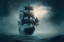 A Pirate Ship Sailing In The Ocean On A Foggy Day, Art Illustration 