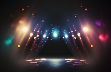 illustration of spotlights shine on stage floor in dark room, idea for background, backdrop, colorful lights Generative Ai