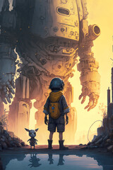 child looking at giant robot, created by AI