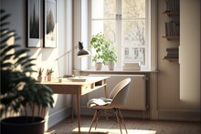 Scandinavian Style Interior Study Room With A Natural Wood Desk, A Table Lamp And A Chair To Work, And The Sun Is Illuminating Brightly The Room, The Framed Pictures On The Wall And The Potted Plants