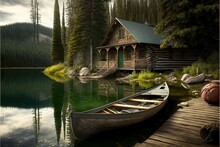  A Boat Is Docked At A Dock Near A Cabin On A Lake With A Dock And A Dock With A Boat On It And A Log Cabin In The Water.  Generative Ai