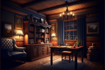 Country interior style study room at night with robust vintage looking natural wood desk and bookshelf, with pictures on the wall, illuminated bluntly with a table lamp and a chandelier