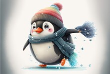  A Penguin Wearing A Hat And Scarf With A Scarf Around Its Neck And A Pom Pom On Its Head, Standing In The Snow.  Generative Ai