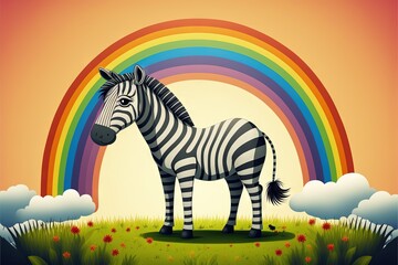 Wall Mural -  a zebra standing in a field with a rainbow in the background and clouds in the sky above it, with a pink sky and yellow sun behind it.  generative ai