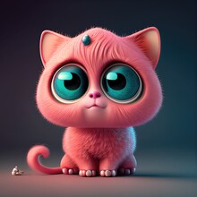 Cute Pink Kitten Kawaii Character. Realistic Art Kitty Kid With Big Eyes, 3d Rendering Ai Generated Illustration. Cartoon Girl Cat Illustration. Fluffy Pink Fur Cat.