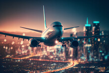 Passengers Commercial Airplane Flying Above Illuminated City In Afternoon Cinematic Light. Concept Of Fast Travel, Holidays And Business By AI Generative.