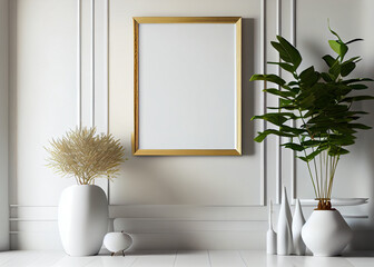 Wall Mural - Frame with white vase of flowers over light wall. Mockup Template AI Generated