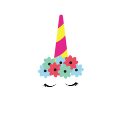 Canvas Print - Birthday party hat. Festive illustration  of a  unicorn with  flowers