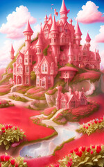 Wall Mural - Fairytale red castle in the clouds