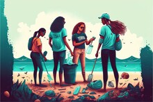  A Group Of Women Standing On Top Of A Beach Next To A Body Of Water With A Bucket Of Water In It And A Bottle.  Generative Ai
