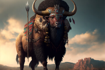 Bison animal portrait dressed as a warrior fighter or combatant soldier concept. Ai generated