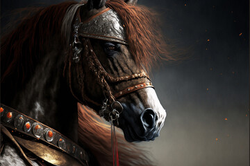 Horse animal portrait dressed as a warrior fighter or combatant soldier concept. Ai generated