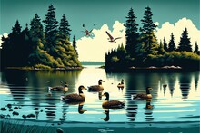  A Painting Of Ducks Swimming In A Lake With A Forest In The Background And A Bird Flying Over The Water And A Few Ducks In The Water.  Generative Ai