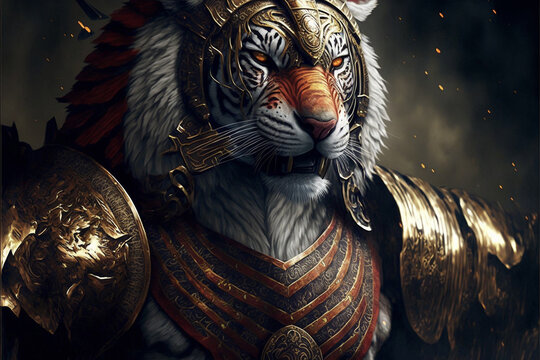 Tiger animal portrait dressed as a warrior fighter or combatant soldier concept. Ai generated