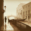 Foggy rain in the ancient city of Venice, bridges, boats