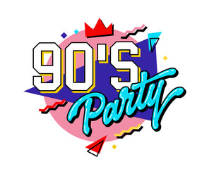 Wall Mural - 90s party - trendy, modern hand drawn lettering illustration of the phrase with bright geometric elements on the background. Isolated vector typography design element. For web, print, fashion purposes