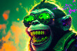 © Lukas Juszczak - portrait of a crazy monkey in sunglasses on a glowing toxic background, generative ai