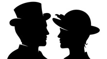 Victorian Man And Woman In Classic Style Outfit, Black Silhouette Vector Illustration.