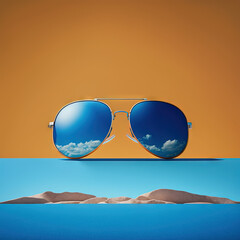 Wall Mural -  a pair of sunglasses with a reflection of the sky and clouds on them, sitting on a table with a blue background and a yellow backdrop.  generative ai