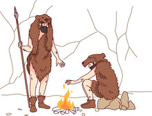 Cavemen Setting Fire In Nature