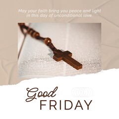 Sticker - Composition of good friday text with crucifix over book on black background