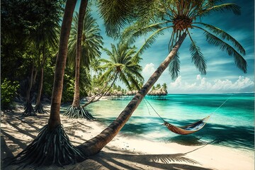  a painting of a hammock between two palm trees on a tropical beach with a blue sky and ocean in the background, with a white sand and green palm tree - lined beach.  generative ai