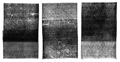 set of three highly detailed stamp / letterpress / rolled ink textures isolated over a transparent background, use as a grungy vintage overlay or as mask