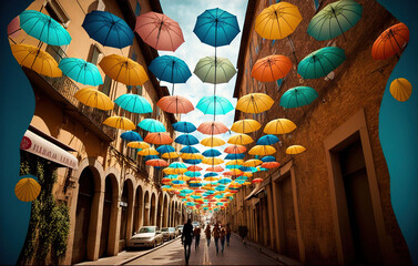  a street with many umbrellas hanging from the ceiling and people walking down the street below them on a sunny day with blue sky and clouds.  generative ai