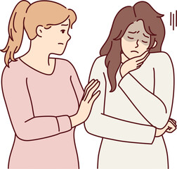 Woman comforting girl friend is sad and stressed after bullying or toxic relationship. Vector image