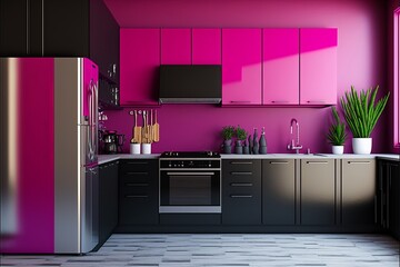 Modern furnished kitchen interior in viva magenta 2023 and black color. Generative AI