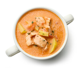 Wall Mural - bowl of salmon and tomato soup with potatoes