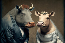 Created With Generative AI Technology. Groom And Bride, Bull And Cow Wedding. Cute Romantic Background
