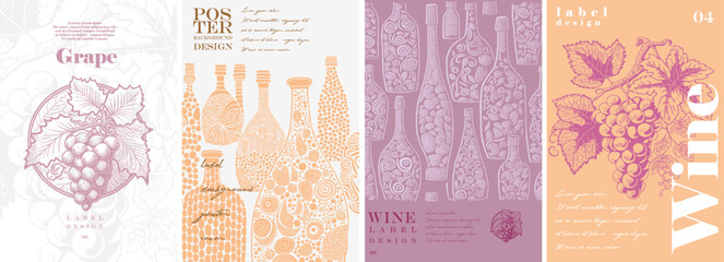 Fototapete - Wine. Grapes. Logo, label. Typography posters design. Simple pencil drawing. Set of flat vector illustrations. Print, banner, label, cover or t-shirt.