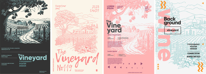 Wall Mural - Nature. Landscape vineyard and farm. European landscape. Typography posters design. Simple pencil drawing. Set of flat vector illustrations. Print, banner, label, cover or t-shirt.