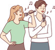 Man and woman with microphones perform song while enjoying karaoke break on day off. Vector image