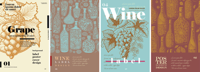 Poster - wine. grapes. logo, label. typography posters design. simple pencil drawing. set of flat vector illu