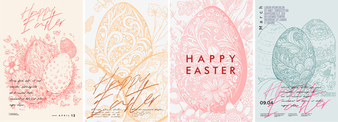 Wall Mural - Happy Easter. Easter eggs with patterns. Set of flat vector illustrations.