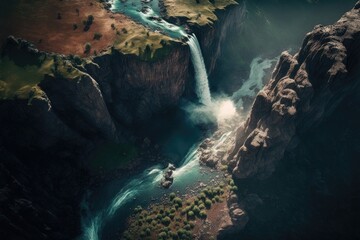 Wall Mural - Breath-Taking Drone View of a Forest landscape with Nature Waterfall. Generative AI