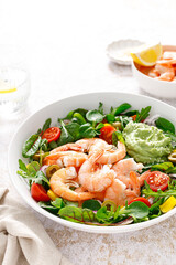 Sticker - Shrimp and leafy vegetables salad with tomato, bell pepper, olive and avocado sauce