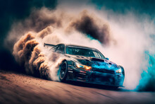 Car drifting image diffusion race drift car with lots of smoke from burning tires on speed track