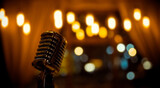 Fototapeta  - Metal microphone on blurred background with bokeh lights